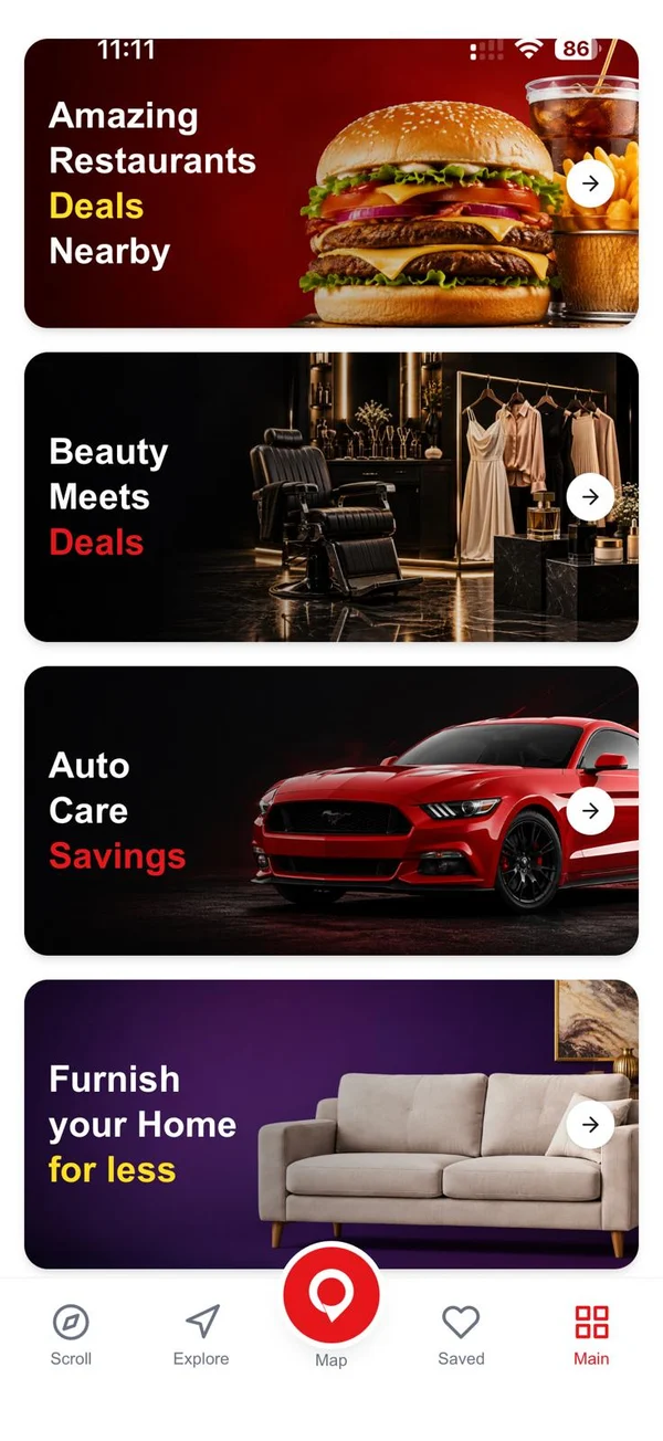 Offerat app Discover screen with restaurant, beauty, auto and home deals